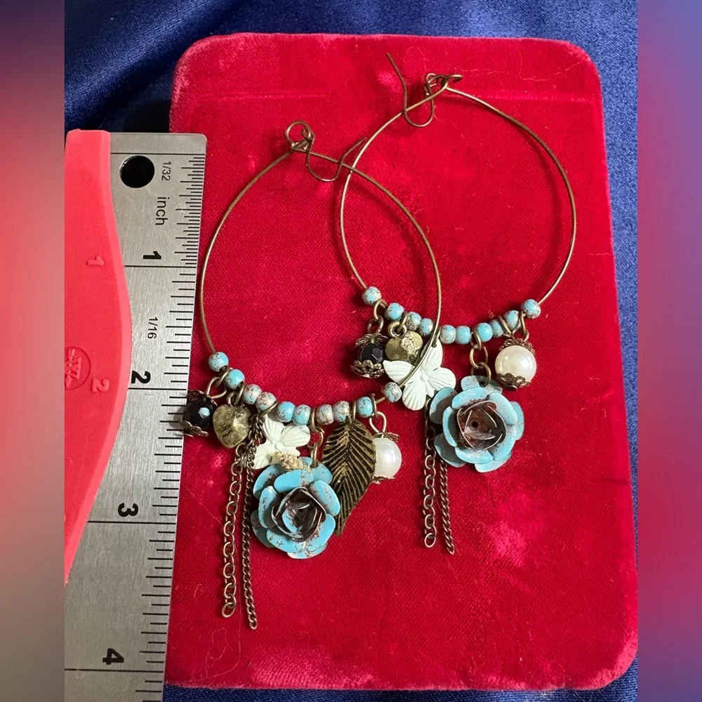 SOLD Earrings Large Hoop Dangle With Charms Rose Floral - Picture 3 of 4